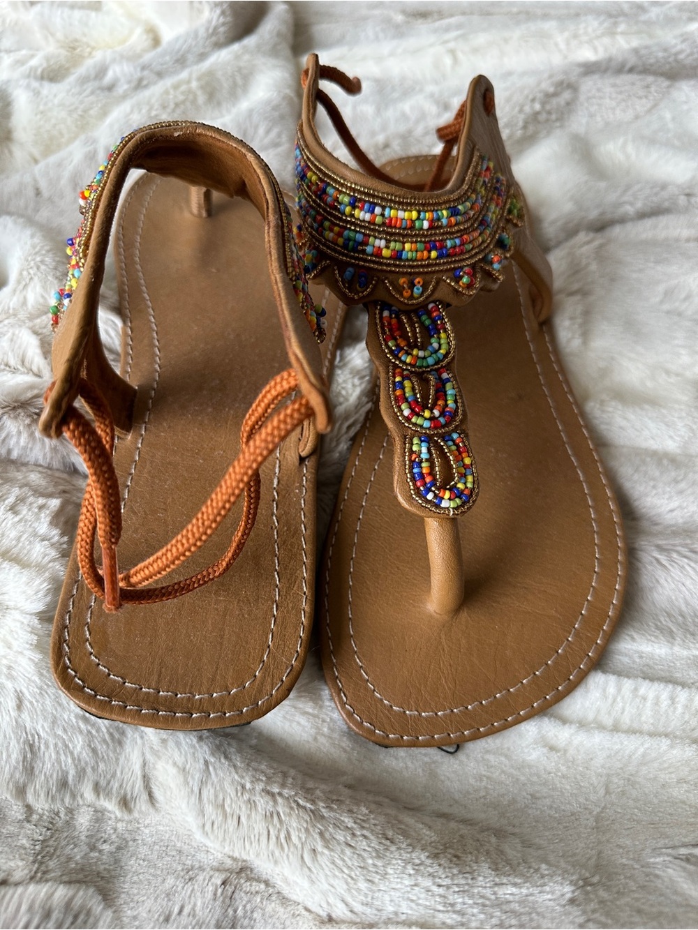Beaded Brown T-Strap Sandals - Women - Picture 3 of 10